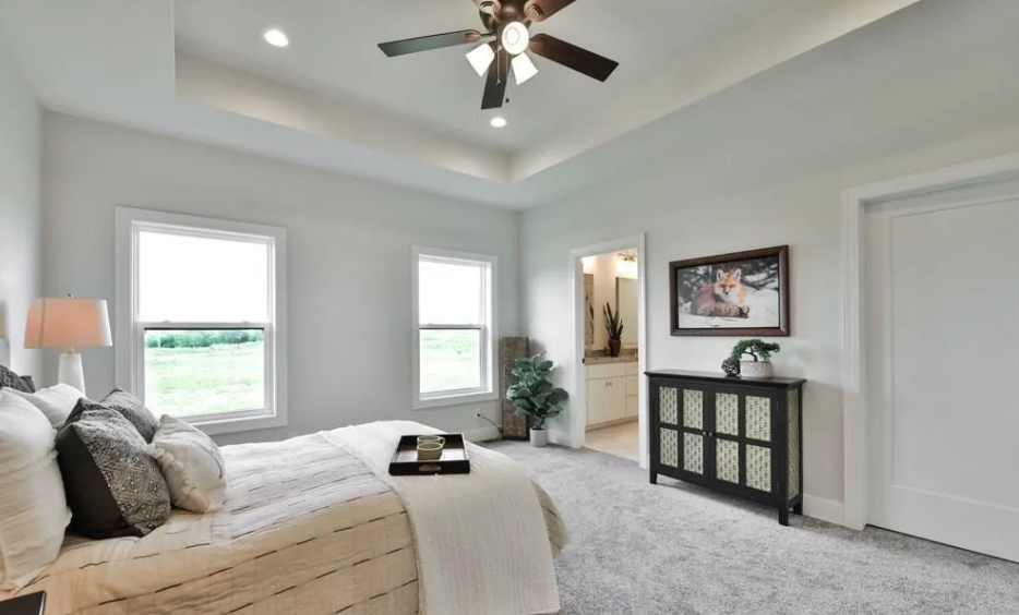 Bright bedroom with two windows, white walls, a ceiling fan, and a bed with pillows and a throw blanket. There is a side table with a lamp, a decorative cabinet, and artwork of a fox on the wall. A doorway leads to a small adjoining room or closet.