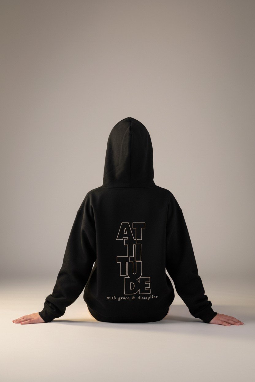 ATTITUDE in big block letters, embroidered vertically down the back of the hoodie 