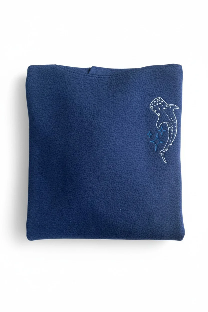 Front view of navy streetwear sweatshirt showing minimal left chest embroidery of a single whale shark and blue stars