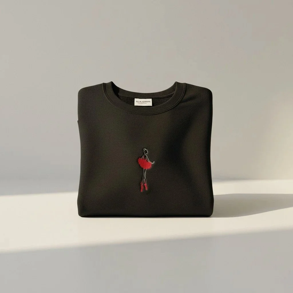 Black folded sweatshirt with embroidered red ballerina on front, placed on a white surface with shadow.
