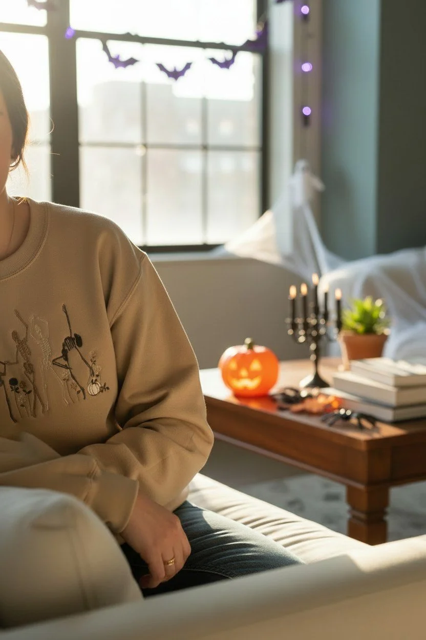 Person wearing ivory embroidered dancing skeleton sweatshirt for an autumn Halloween look.