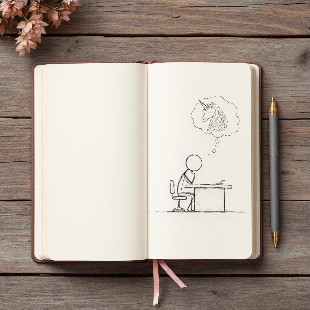 notebook showing a pencil drawing of a stick person sitting at a desk with a thinking cloud above their head of a unicorn.