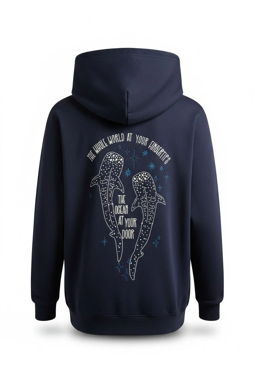 Two whale sharks embroidered on a navy hoodie back with light blue sparkles around them and the words "the whole world at your fingertips, the ocean at your door"