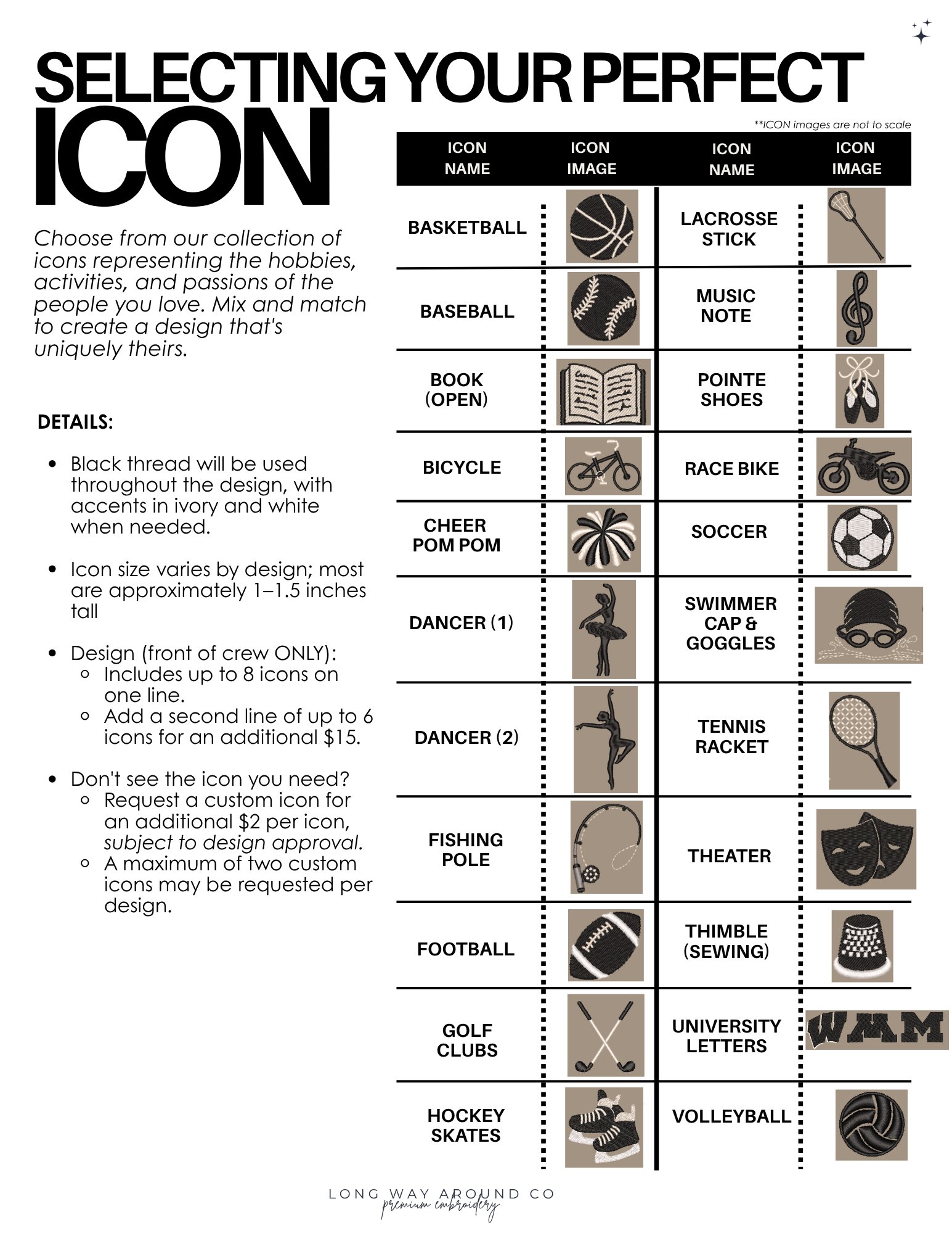 Select your perfect embroidered icon for your loved one, choose from a list of sports, hobbies, and activities