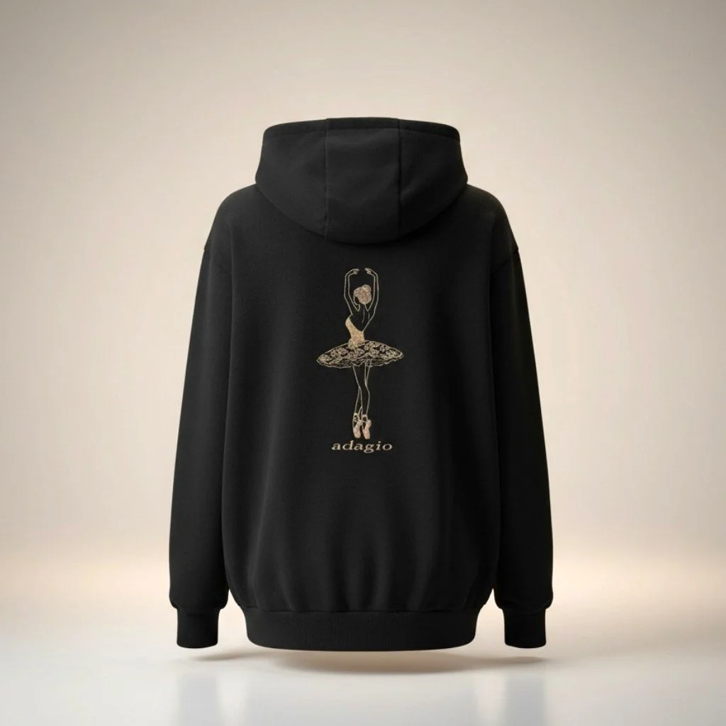 10in embroidered ballerina, en pointe with "adagio" printed below