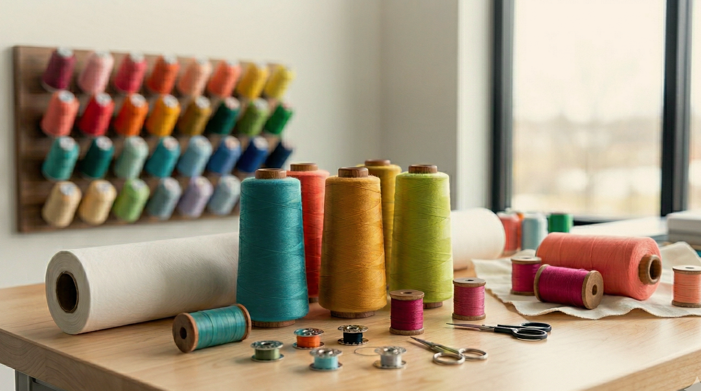Image of embroidery table showing threads of varying color and other items needed to embroider.