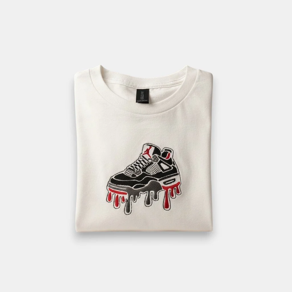 White T-shirt with a graphic of a black and red sneaker with red and black dripping paint.