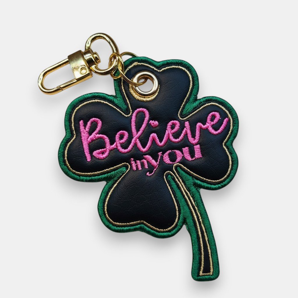 A keychain in the shape of a black shamrock with green border and gold outline. Pink embroidered text on the shamrock reads "Believe in you." Attached to a gold clasp and ring.