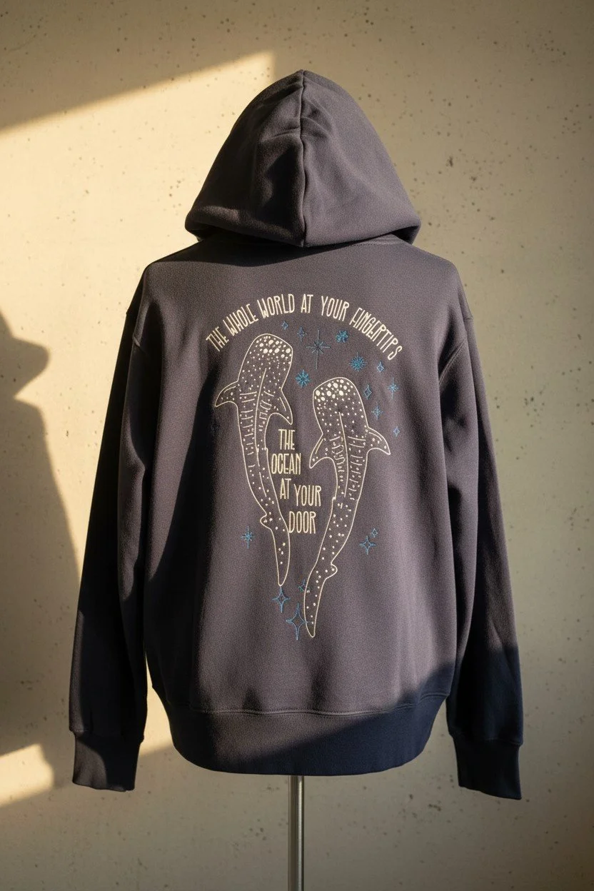 Back view of navy heavyweight hoodie featuring full back custom embroidery of two whale sharks and blue stars with text reading The Whole World at Your Fingertips