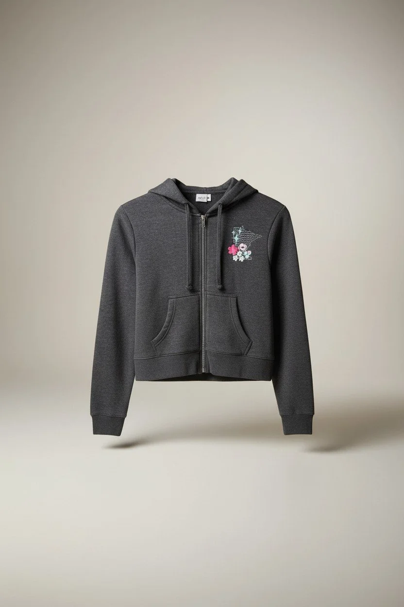 Floral Loon_front, charcoal gray cropped hoodie featuring embroidered outline of MN state and filled floral patterned with colorful florals and 3 north stars.