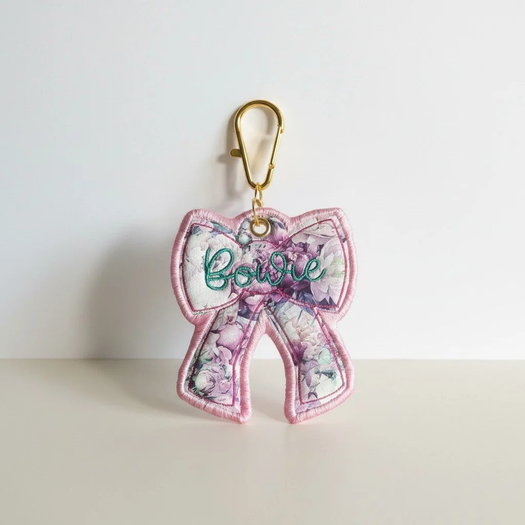 A floral fabric bow keychain with embroidered green "Bow" text, attached to a gold clasp, hanging on a white wall.