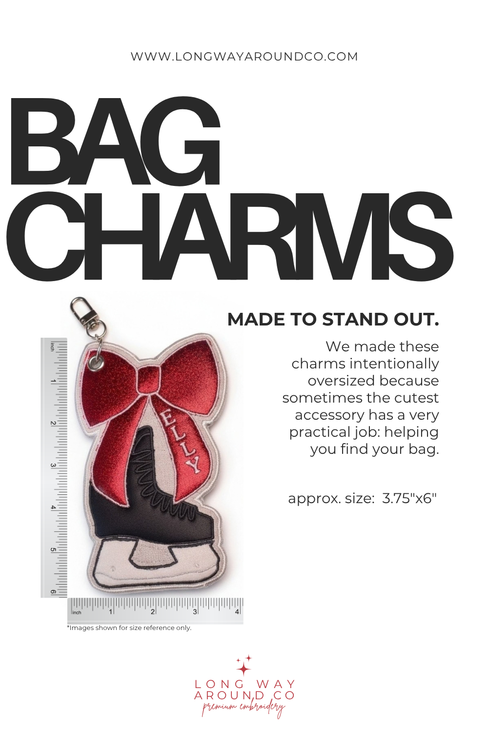 The details of the size of the bag charm. Made to Stand Out. The hockey skate bow-embroidered bag charm is shown next to a ruler.