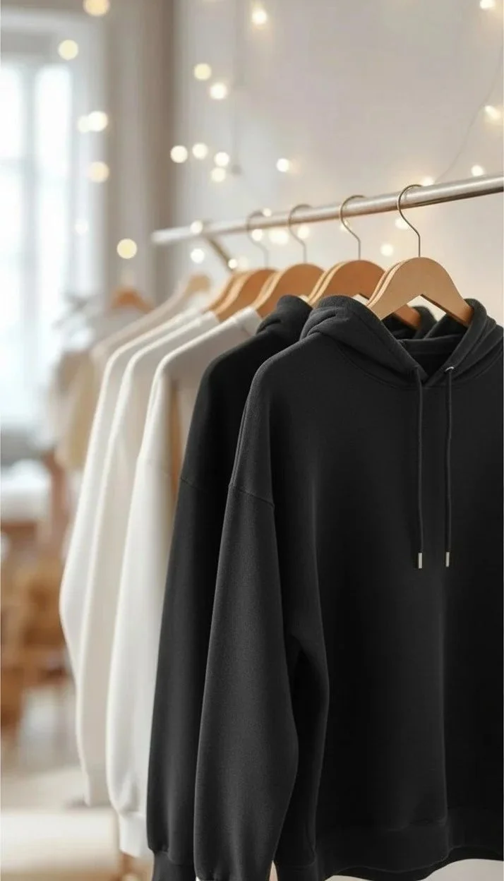 Black and white hoodies hanging on a wooden clothing rack in a softly lit room with string lights in the background.