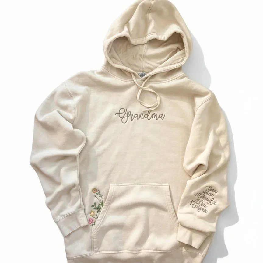 Grandma hoodie with birthflowers and names on cuff