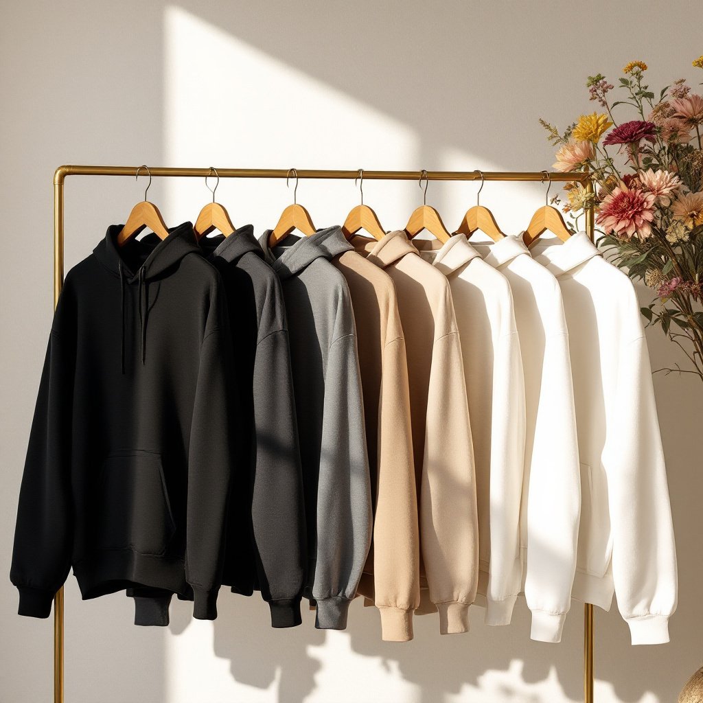 mulitple hoodies hanging varying in colors ready to be embroidered