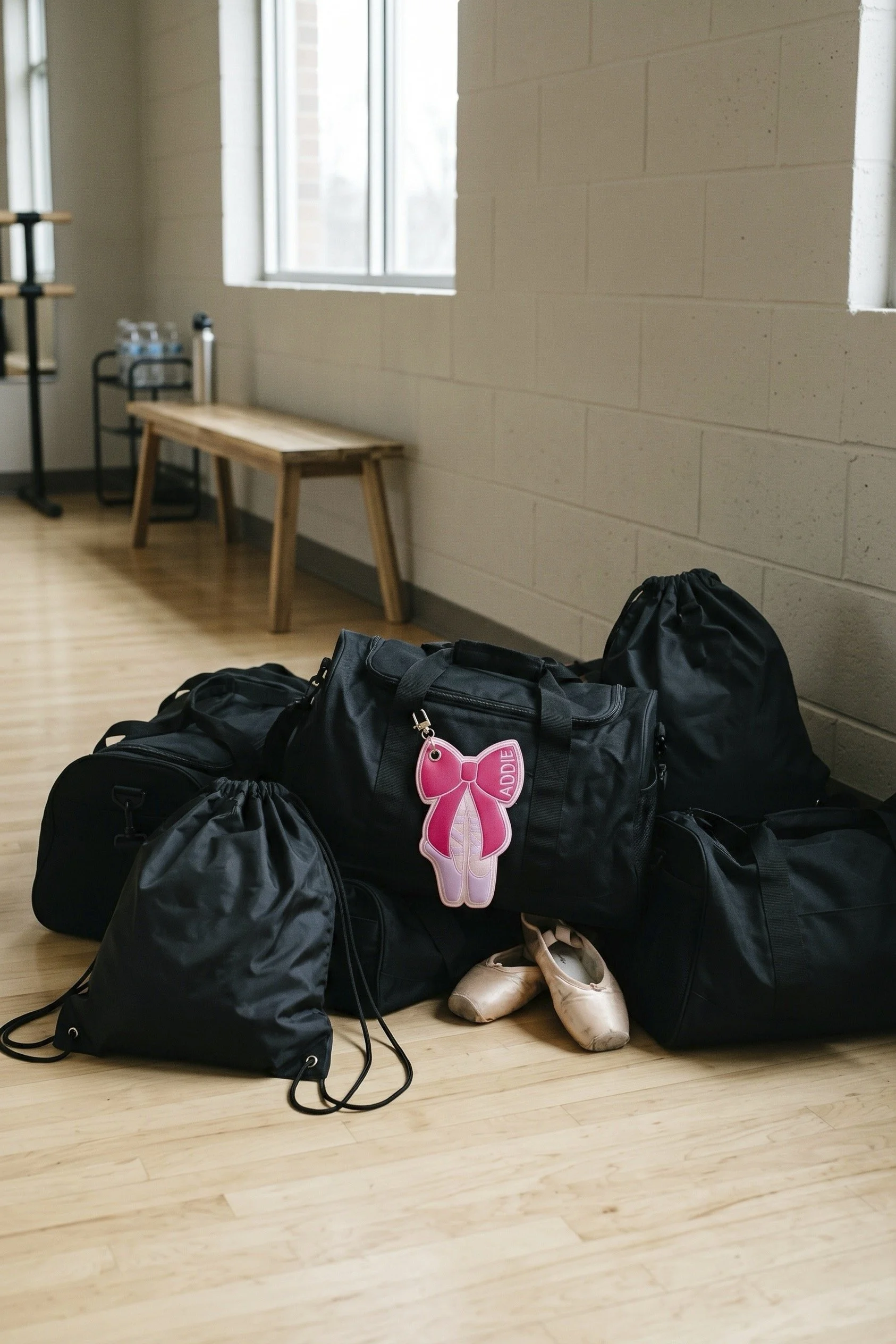 Life picture of embroidered ballet pointe shoe bow bag charm with pink details and a gold-tone clasp with other black dance bags in dance studio.