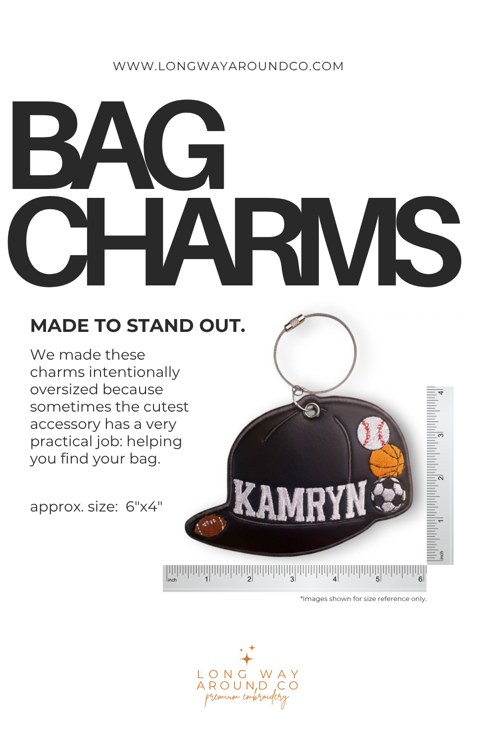 The details of the size of the bag charm. Made to Stand Out. with the Baseball hat embroidered bag charm shown with next to a ruler.