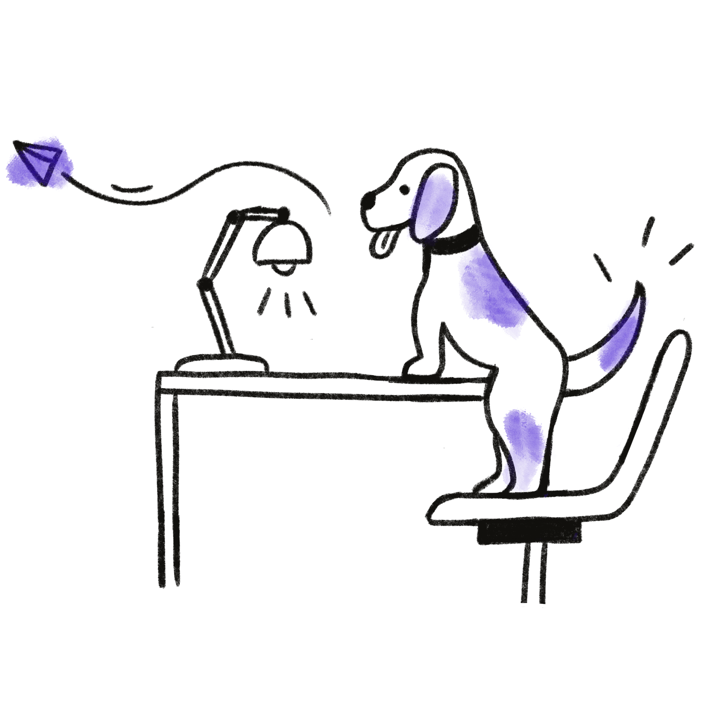Line drawing of a dog sitting on an office chair, sitting at a desk with a desk lamp. The dog appears to be looking at a computer screen.