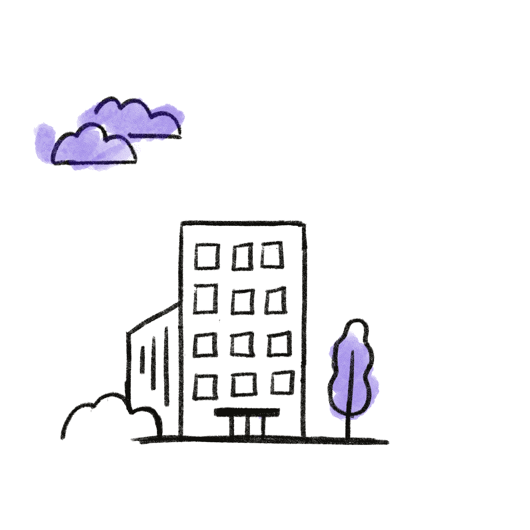 A line drawing of a tall building with multiple windows, a cloud of smoke or steam at the top, a tree to the right with a dollar sign on it, and a winding path or road at the bottom.