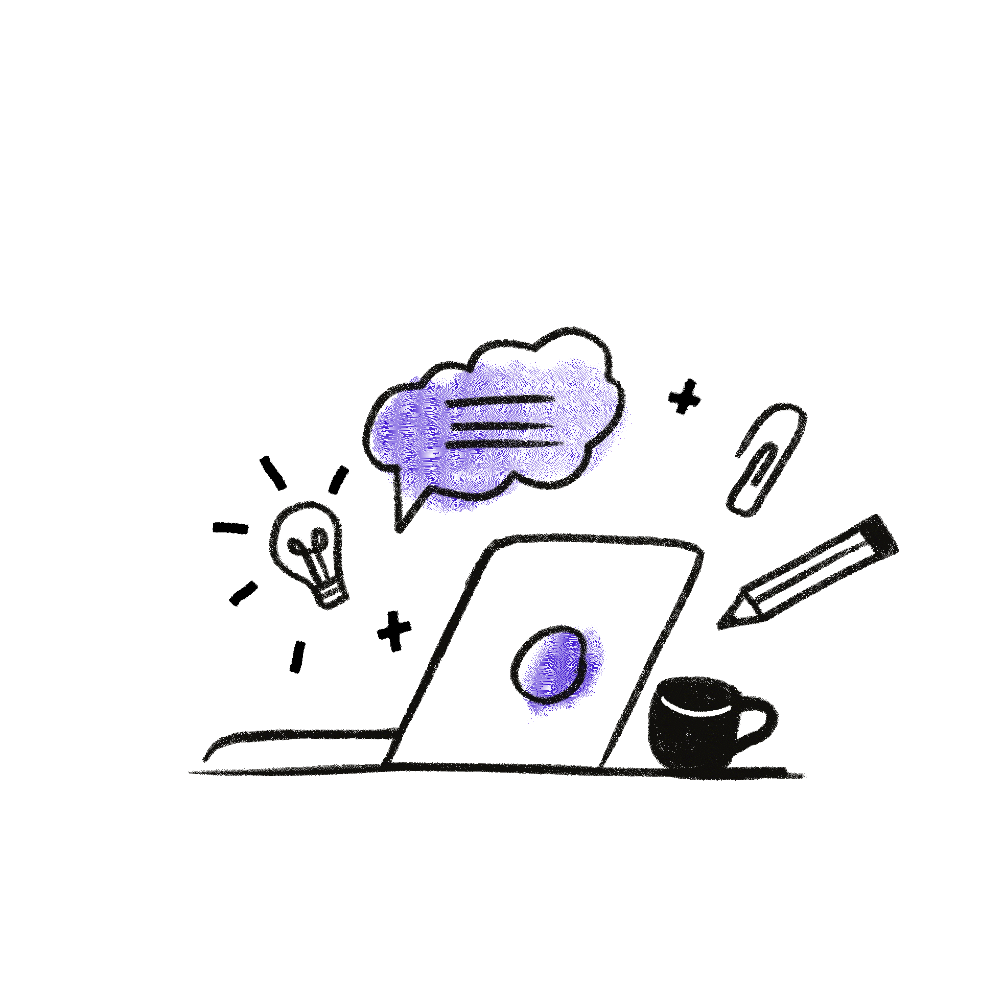 Black outlined doodles on a blue background, including a light bulb, a newspaper, a speech bubble, and a beaker.