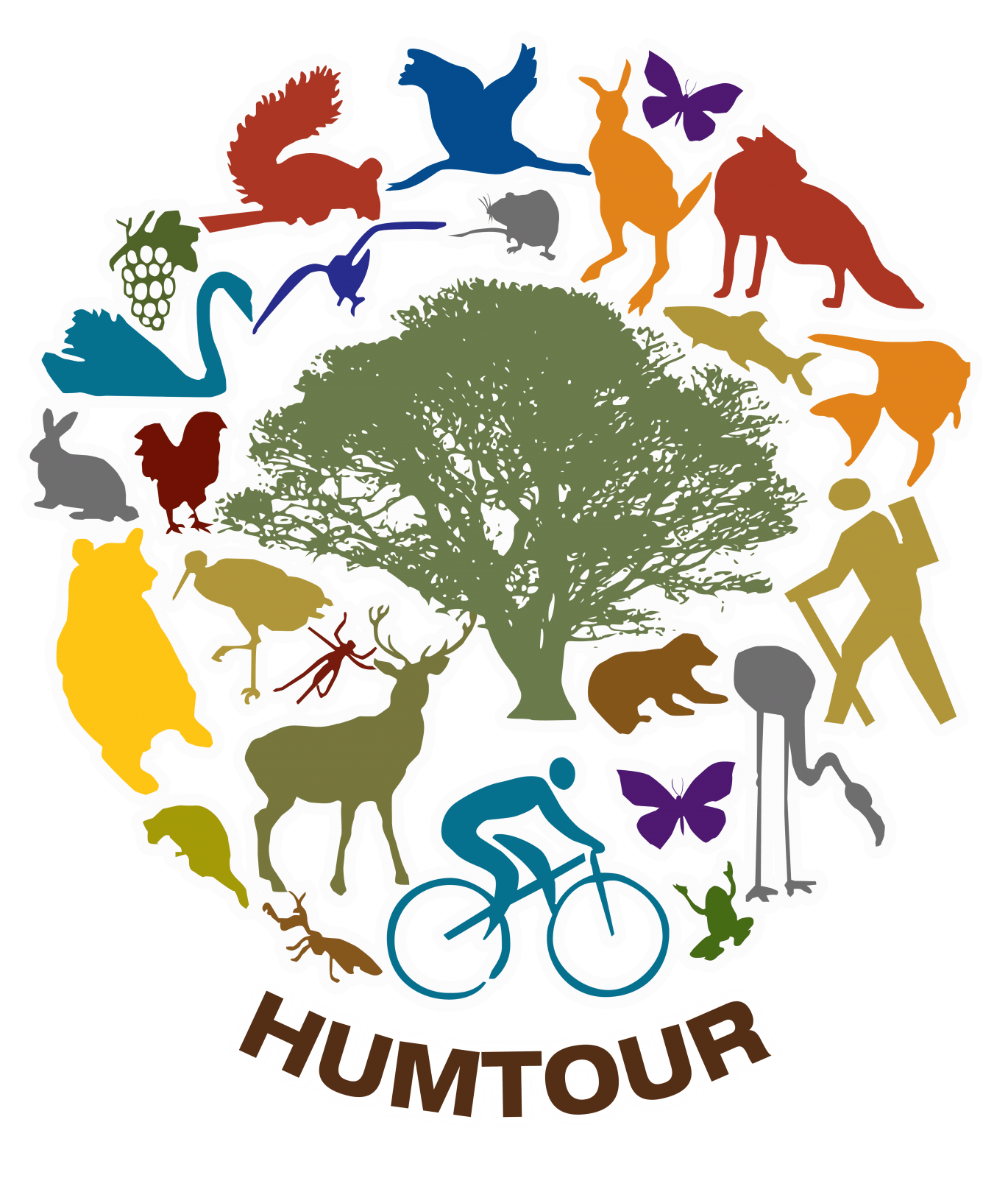 Illustration of various animals, insects, and a cyclist around a large tree with the words 'HUMTOUR' at the bottom.