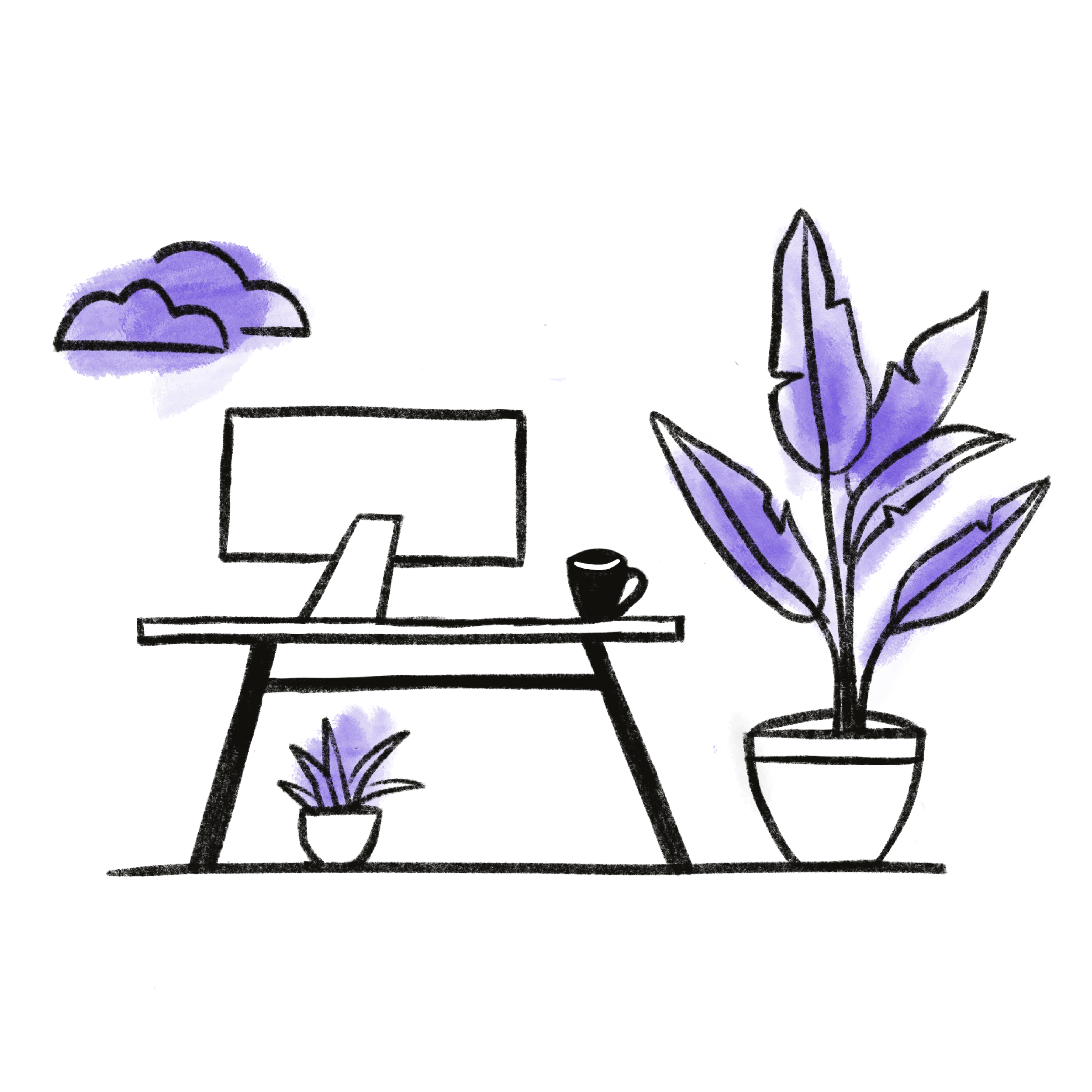Illustration of a workspace with a computer monitor, potted plant, and window in the background.
