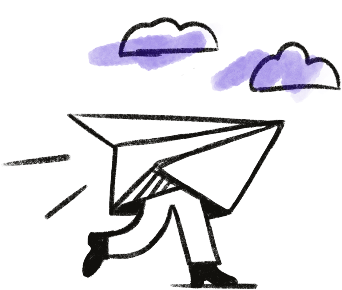 A cartoon-style drawing of a paper airplane flying in the sky with clouds above.