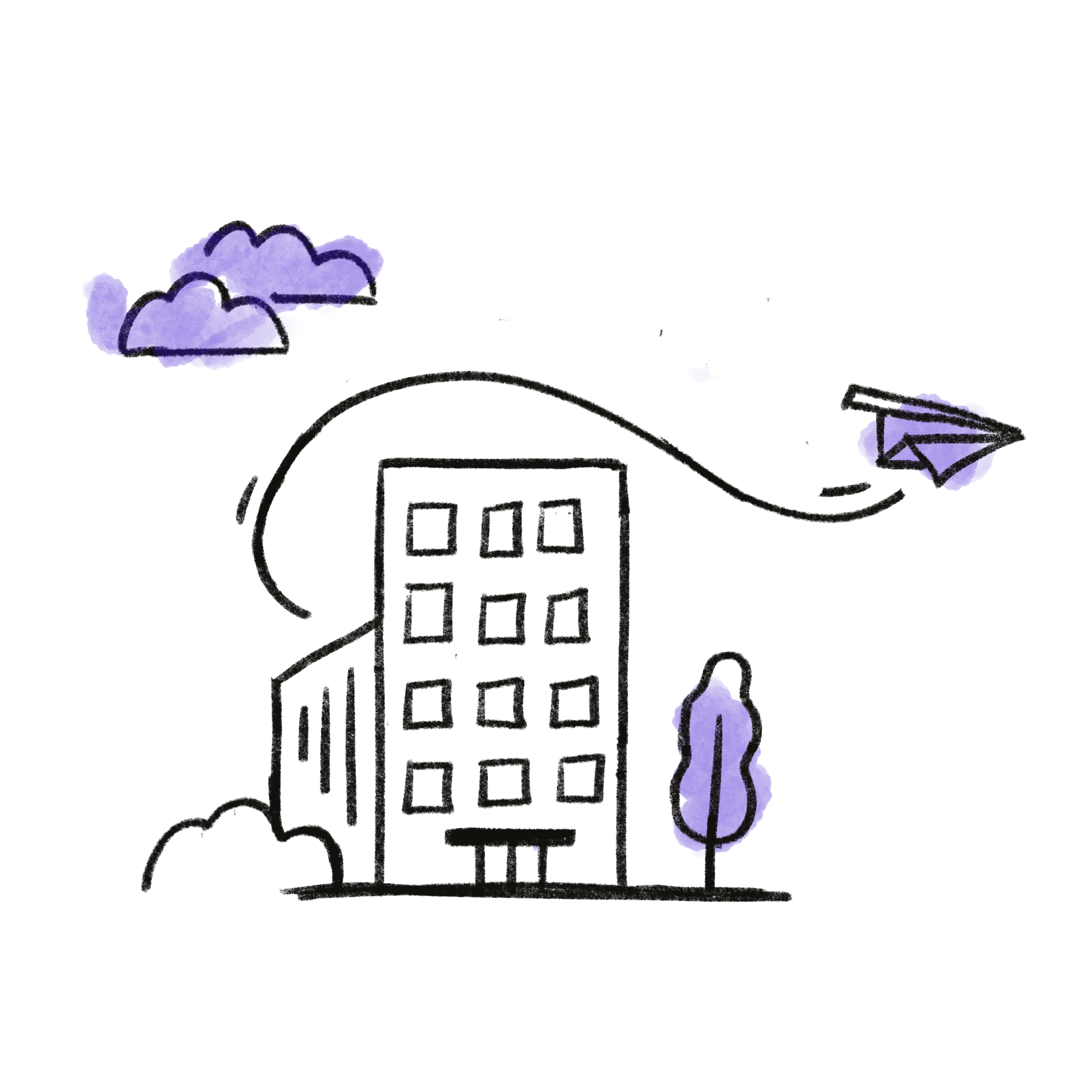 A stylized doodle illustration of a modern apartment building with trees, clouds, and an airplane flying above.