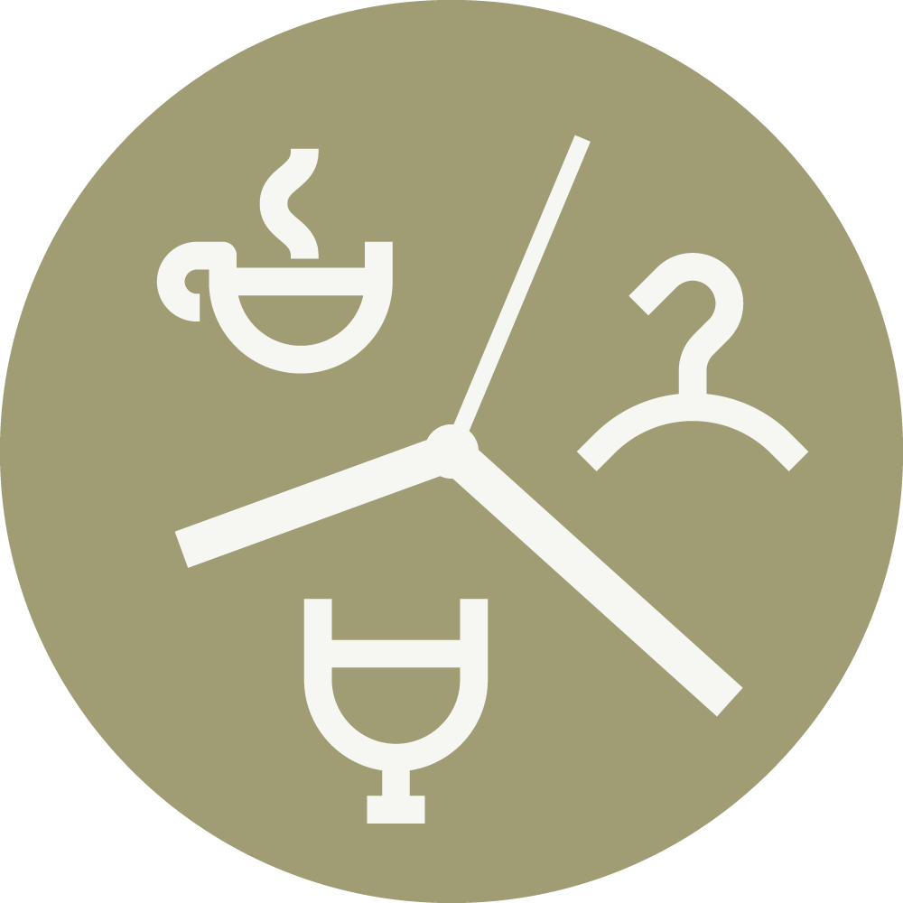 A clock with a coffee cup symbol at the 10 o'clock position and a hanger at the 2 o'clock position.