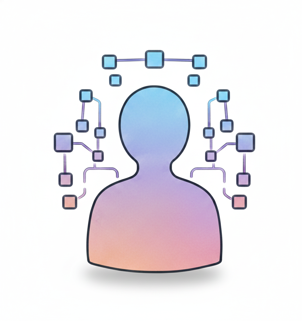Outline of a person with a colorful gradient fill, surrounded by interconnected squares and lines representing a digital or social network.