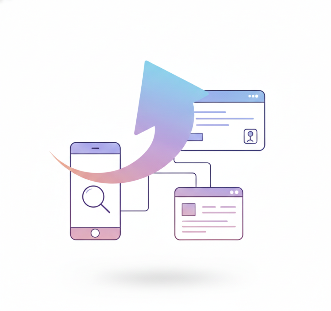 Smartphone with magnifying glass icon, connected to browser windows with profile and content icons, illustrating data transfer or synchronization.