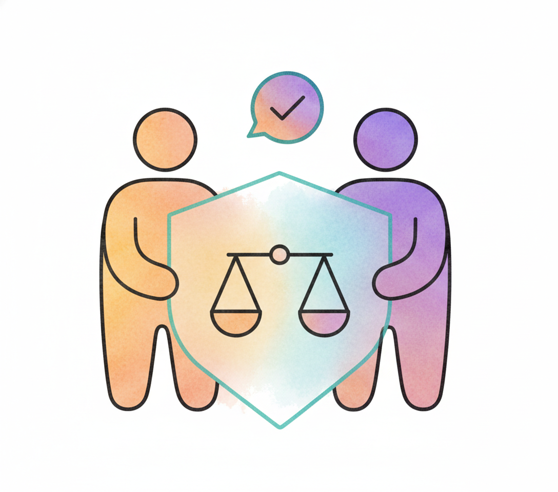 Outline illustration of two people holding a shield with a Scale of Justice symbol in the center. A speech bubble with a checkmark appears above the left person.