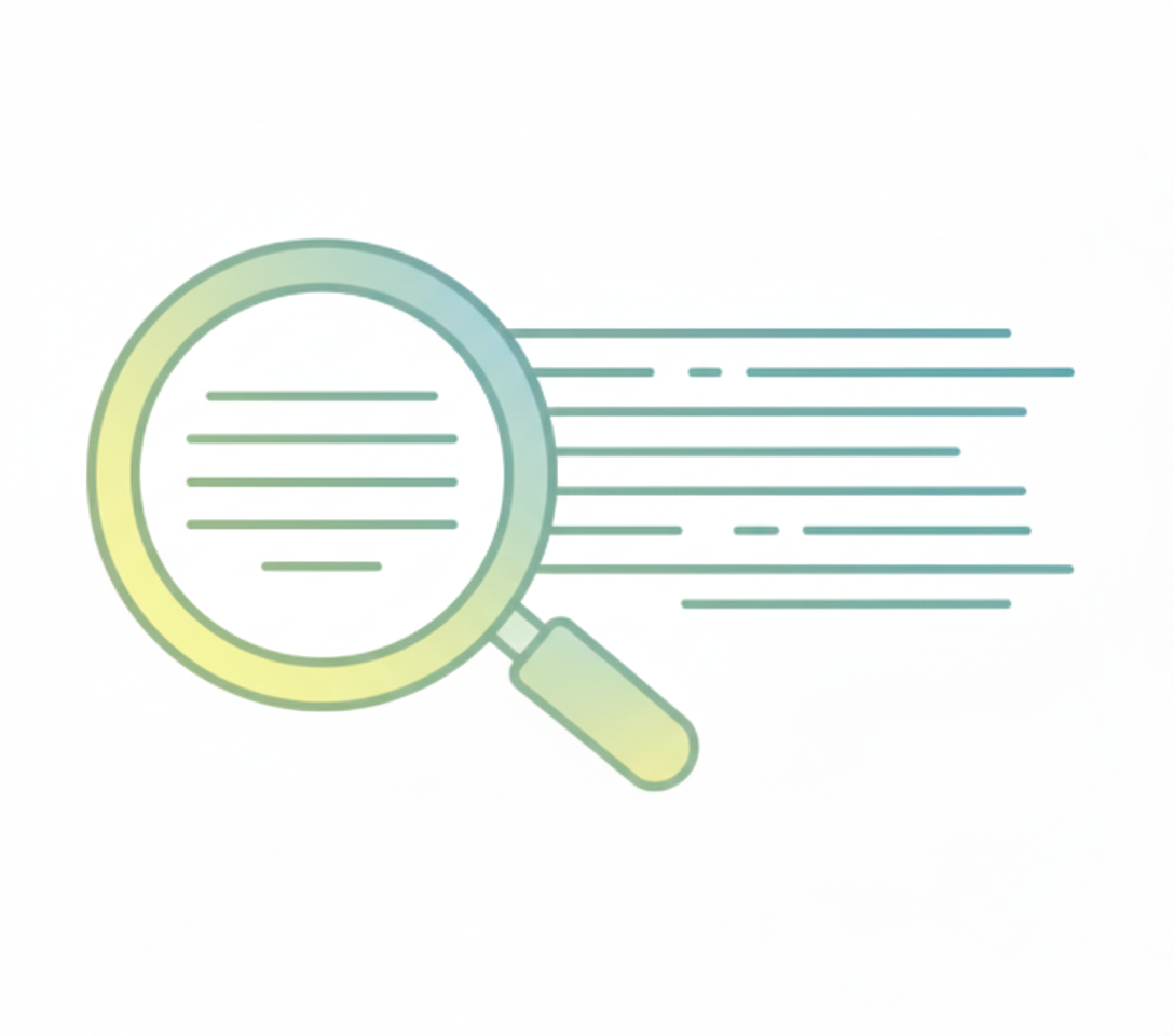 Illustration of a magnifying glass focusing on lines of text, with lines extending from the magnifying glass indicating search or examination.