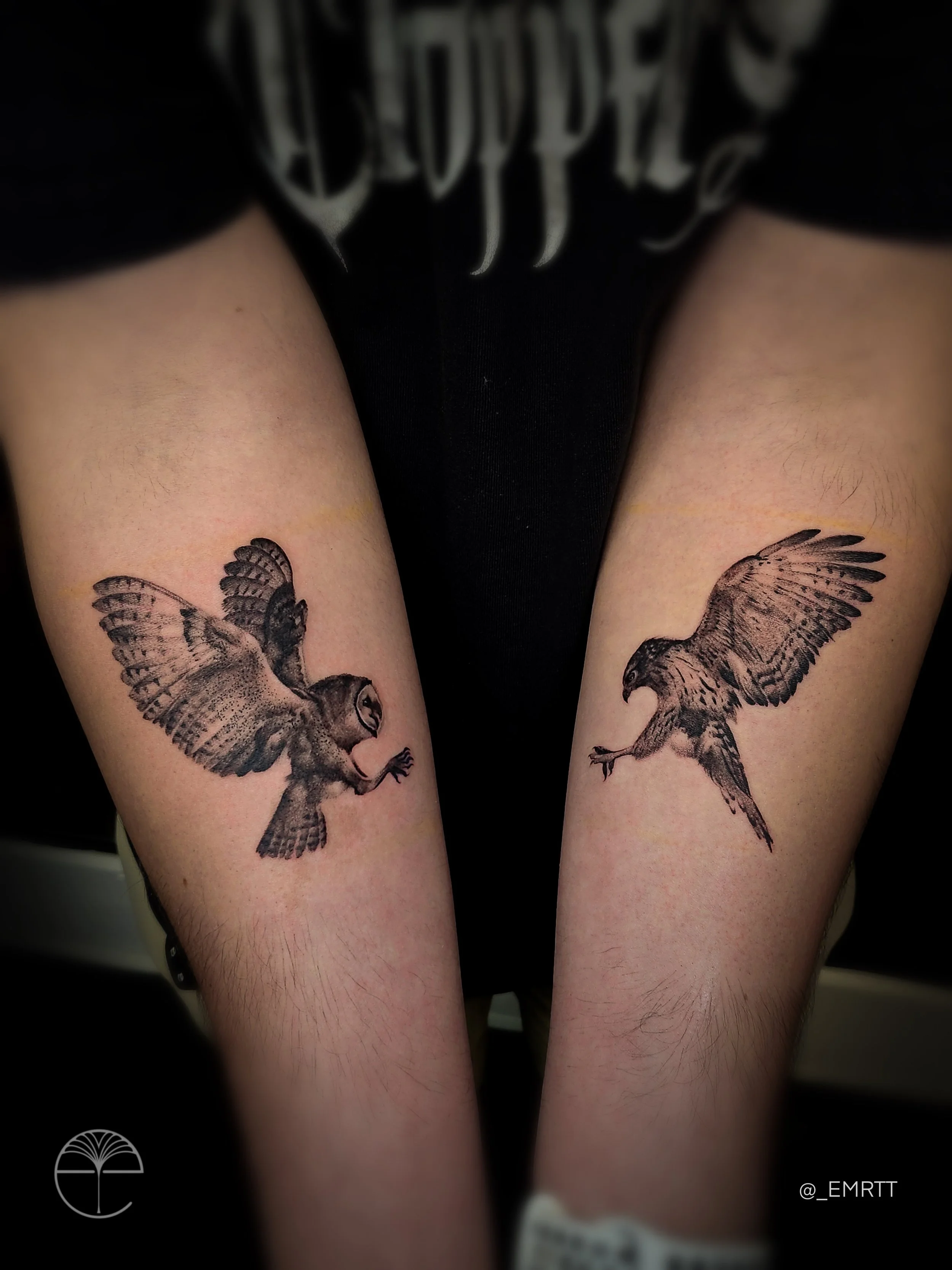 Two tattoos of owls on person's forearms, with one owl on each arm, showing outstretched wings.