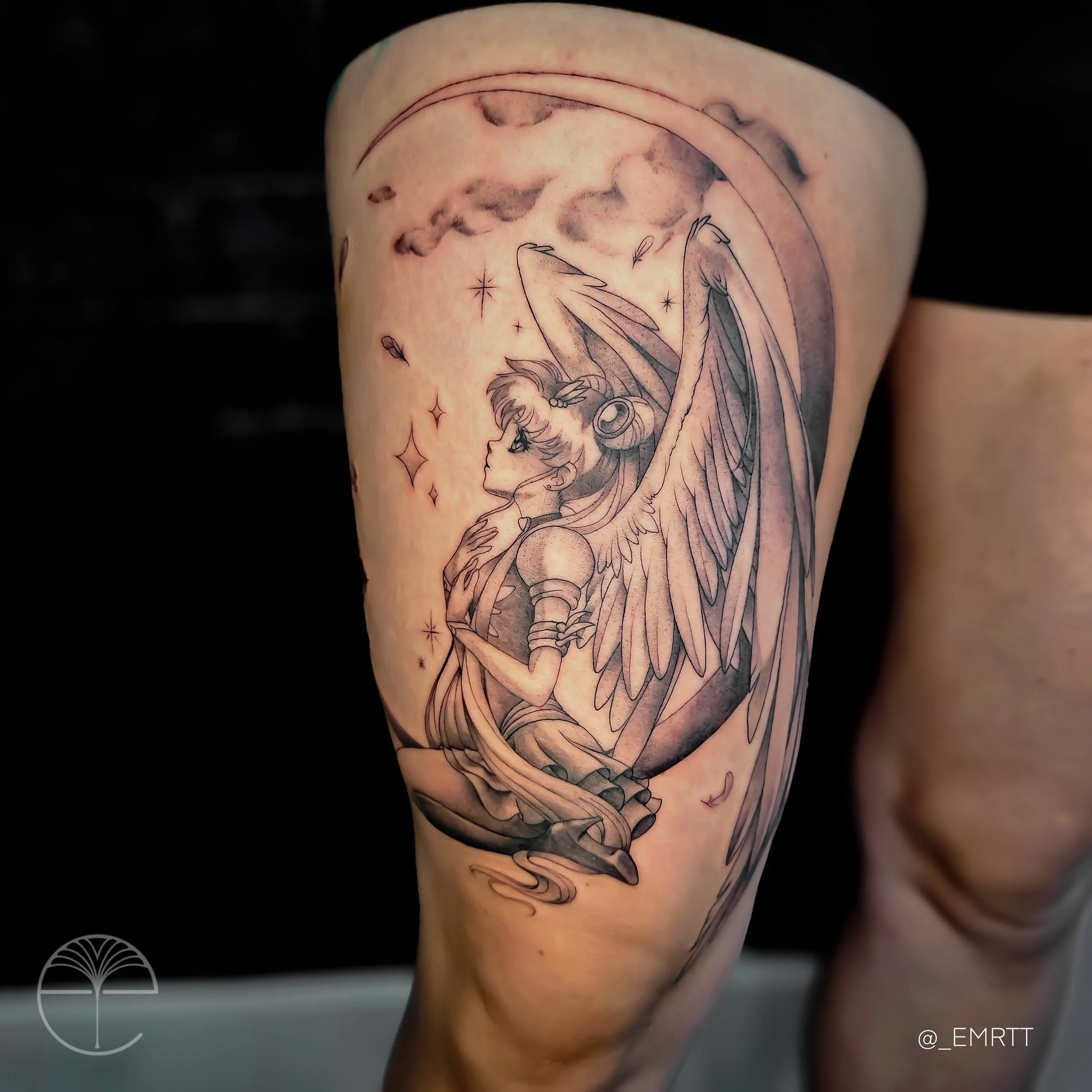 Black and gray tattoo of a winged girl with long hair, sitting with one hand on her chest, looking up, with a moon, clouds, and stars in the background.