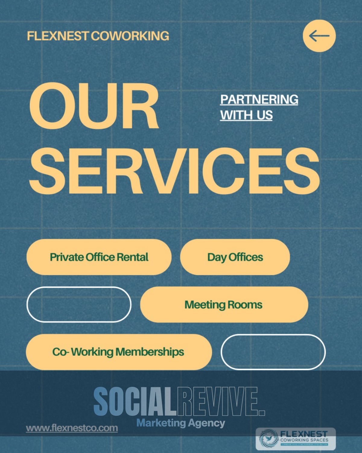 A graphic showcasing the services offered by Flexnest Coworking, including private office rental, day offices, meeting rooms, and co-working memberships, with a blue grid background and a yellow arrow in the top right corner.