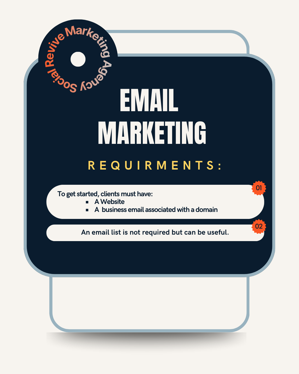 A graphic about email marketing requirements, featuring a dark blue tag with white and yellow text, and red numbered icons highlighting key points.
