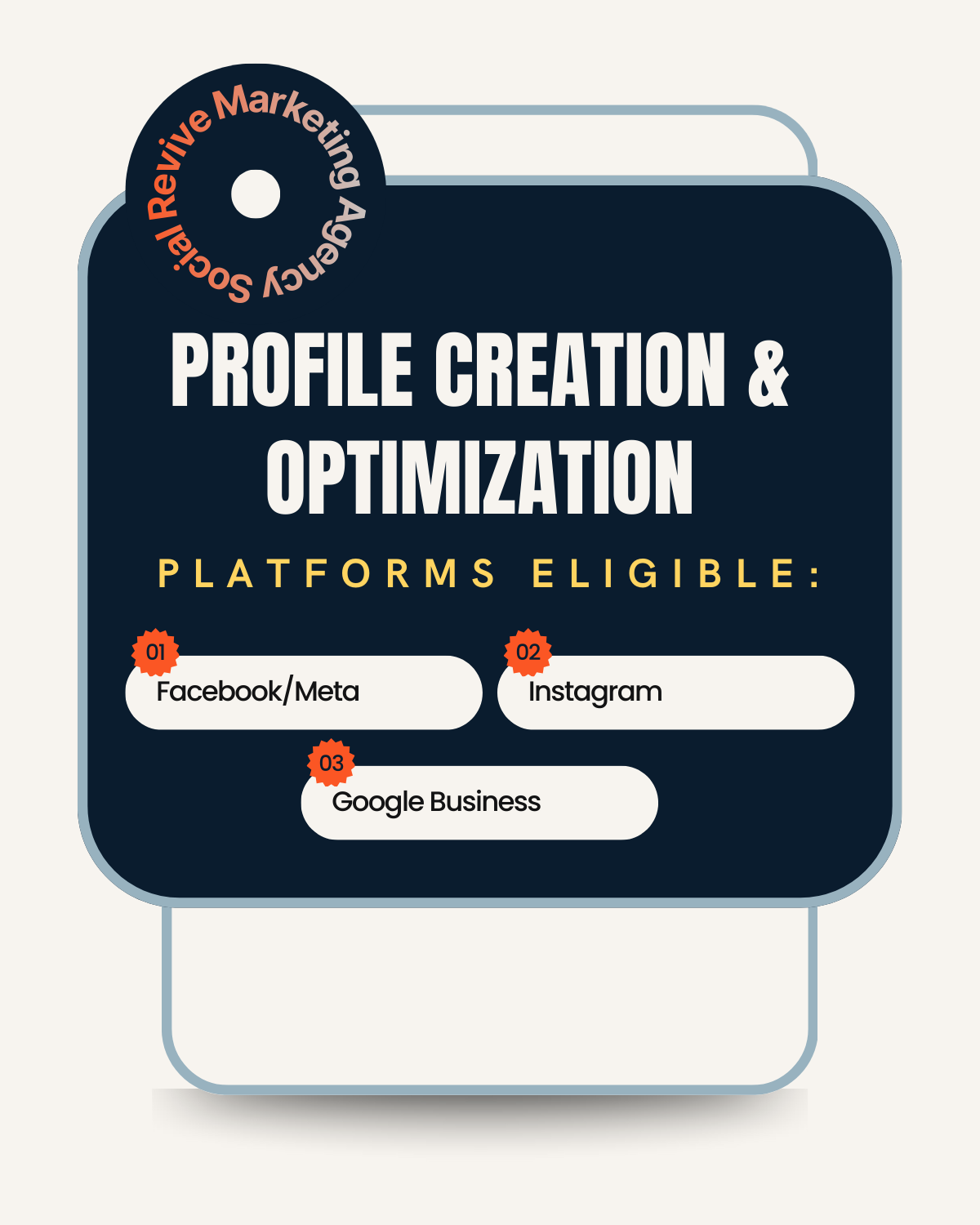 A promotional graphic for a social media marketing course titled "Profile Creation & Optimization." It lists three eligible platforms: Facebook/Meta, Instagram, and Google Business, with a dark background and accented orange and white text.