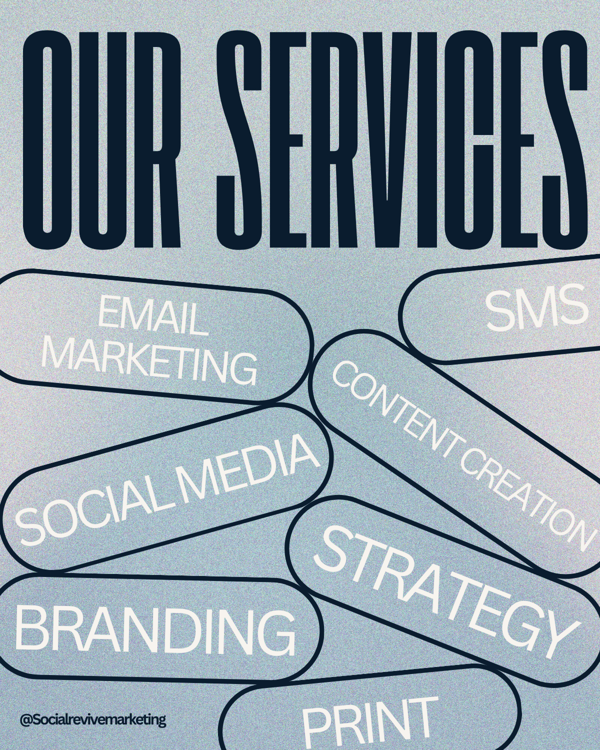 A graphic titled 'Our Services' listing various marketing services including email marketing, SMS, content creation, social media, branding, strategy, and print, with the Instagram handle '@socialrevivemaxeting' at the bottom.