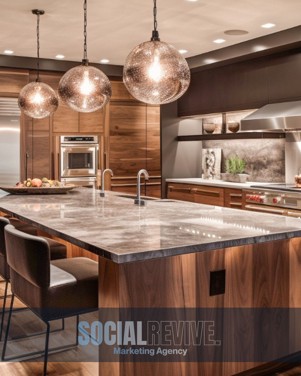 Modern kitchen with a large marble-topped island, three spherical pendant lights, wooden cabinetry, and stainless steel appliances.