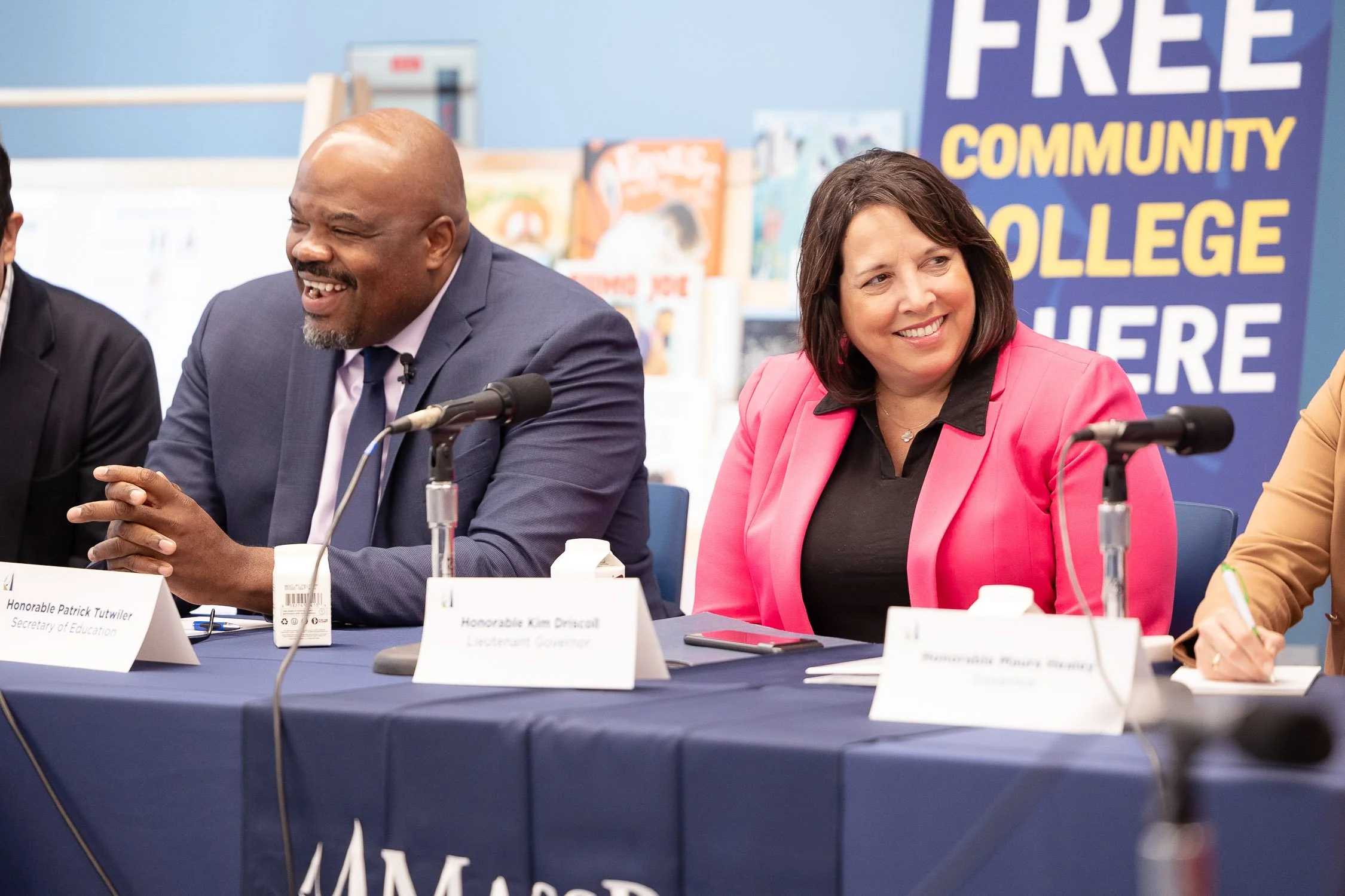 Kim Driscoll Two sitting at a conference table at MassBay Community College in Framingham.