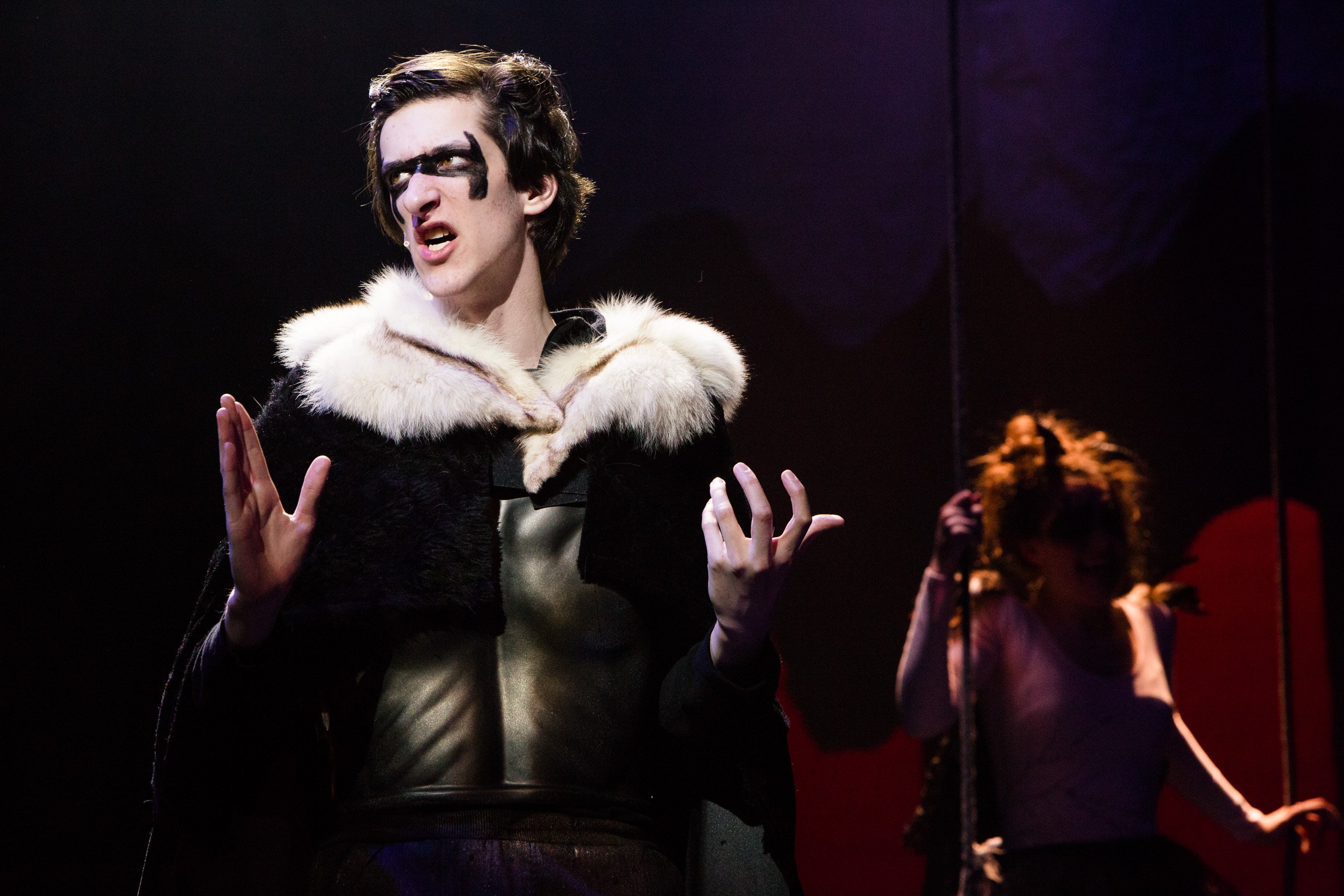 A high school actor performing on stage in production of Midsummer Night's Dream in Massachusetts.