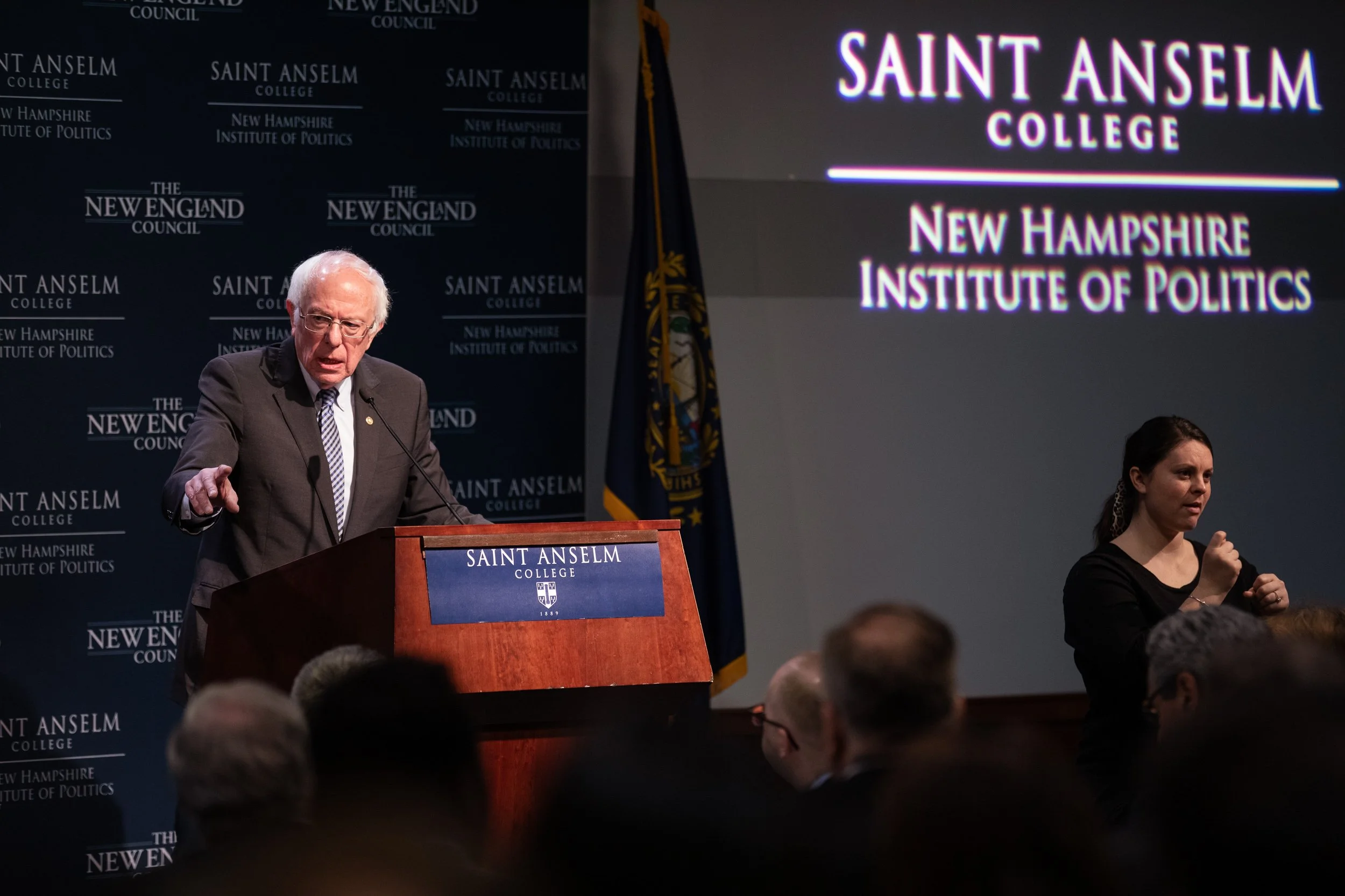 Bernie Sanders speaking at an event at Saint Anselm College in New Hampshire.