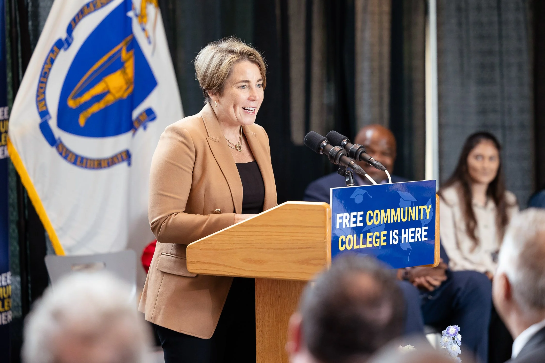 Massachusetts governor Maura Healy addressing crowd at MassBay Community College event in Framingham.