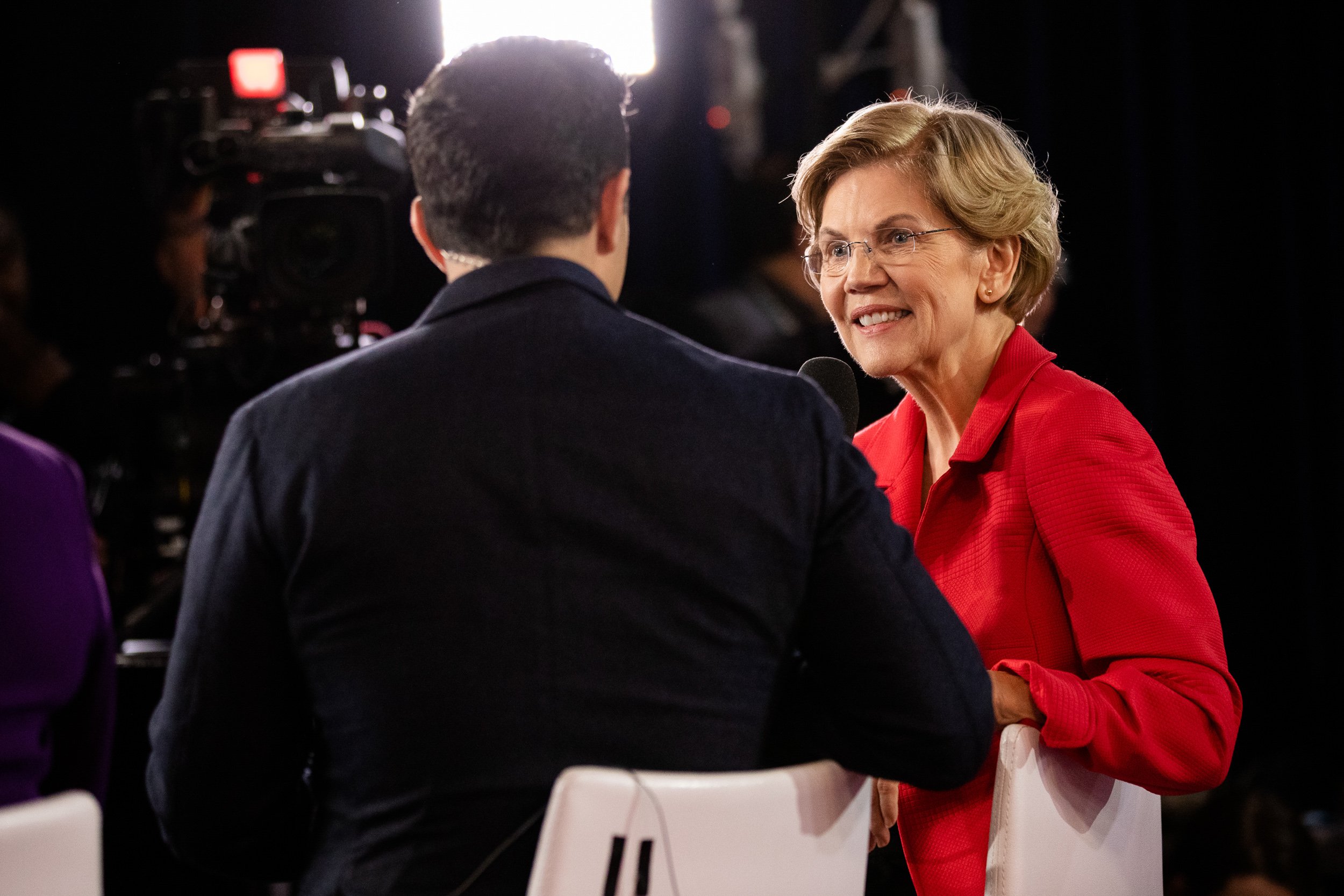 Elizabeth Warren being interviewed after the Democratic National Debate at Saint Anselm College in 2020.