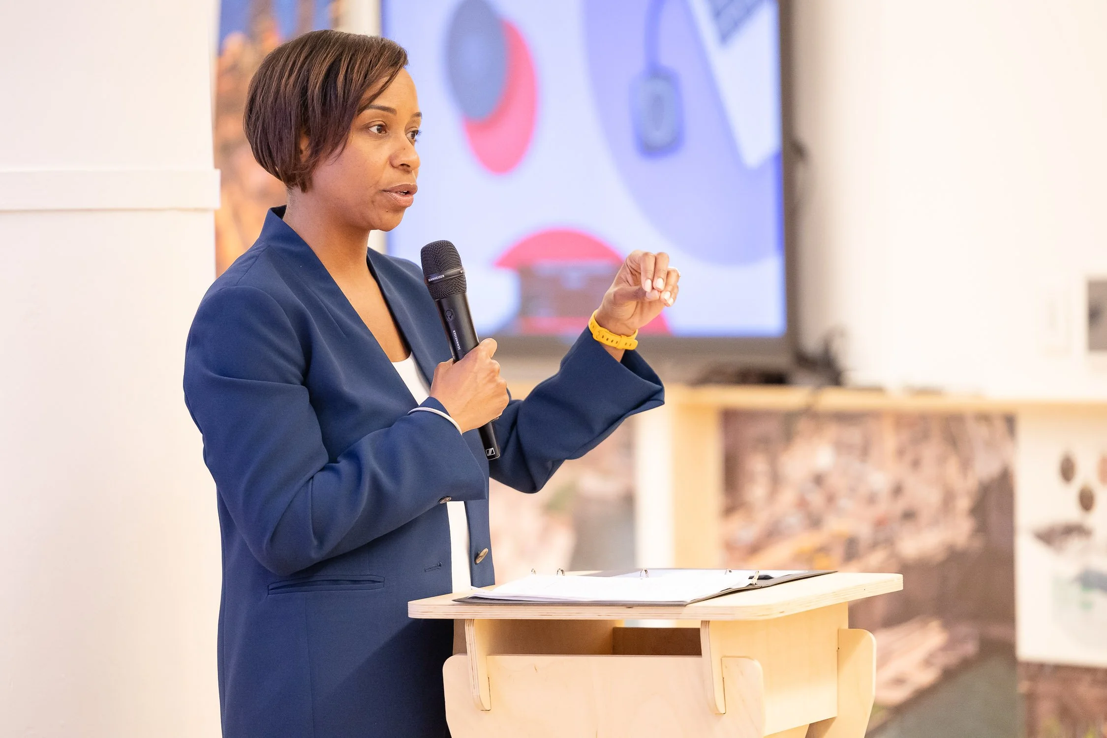 Andrea Campbell giving a presentation at an event at Sasaki Foundation building in Boston.