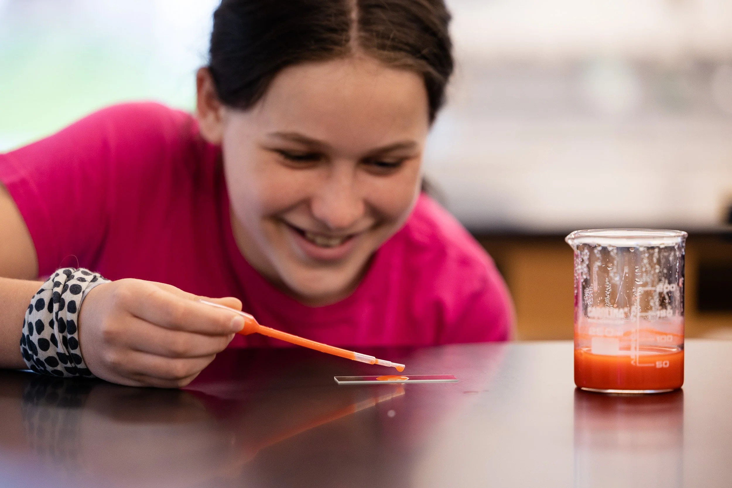 A young girl in a pink shirt is conducting a science experiment at a Massachusetts high school, carefully dropping a liquid from a pipette onto a glass slide with a beaker of red liquid nearby.