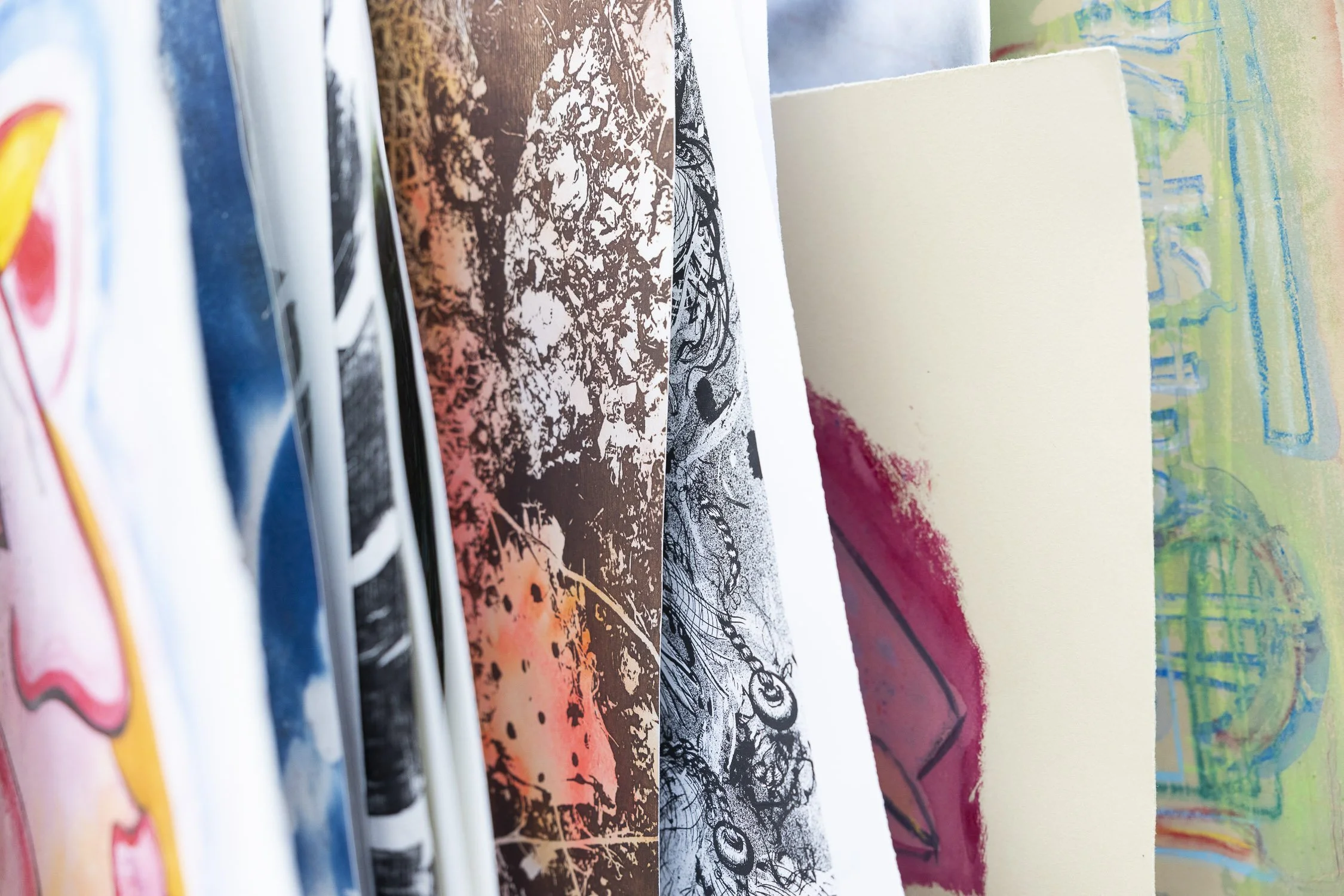 Close-up of several colorful artistic prints  at RISD Craft in Providence, Rhode Island.