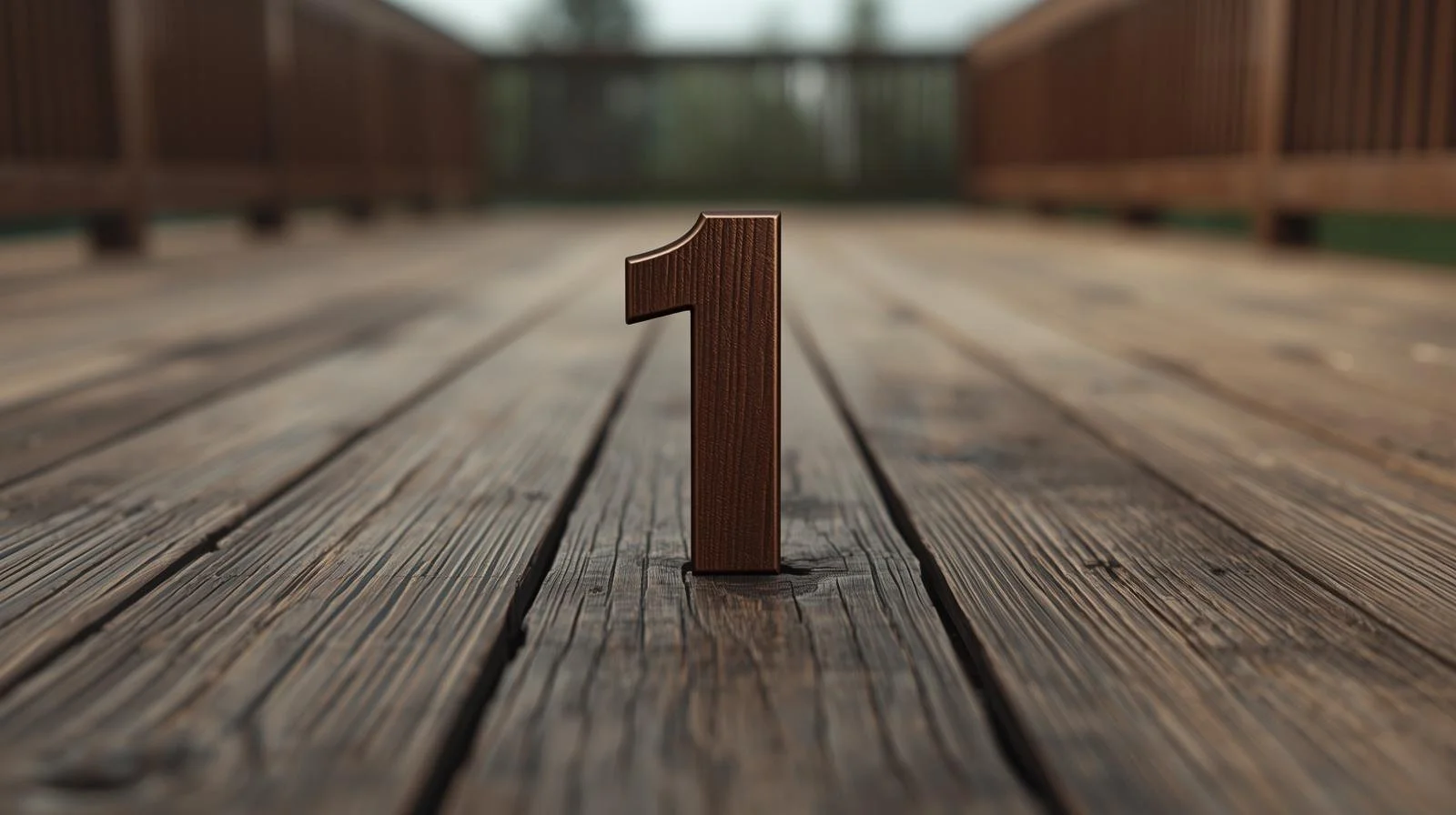 Close-up of a wooden number one on a wood deck.