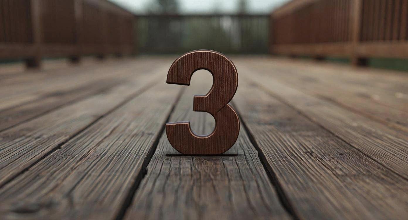 Wooden number 3 stand on a wooden deck, with a fence in the background.